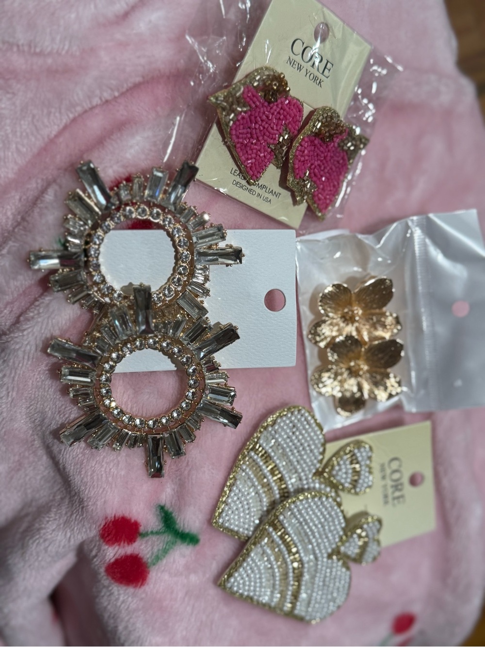 Pink Beaded Heart Earrings and Gold Crystal Statement Set